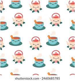 Seamless vector pattern with cute kawaii tea cups.