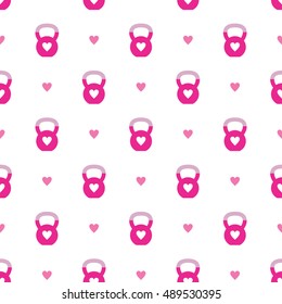 Seamless vector pattern with cute kettlebells and hearts. Modern background for kettlebell workouts or fitness center. Easy to print on fabric and paper. Pink color.