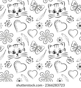 Seamless vector pattern with a cute kitten, hearts and flowers, linear contour silhouette on transparent background, decorative wallpaper, textile print.
