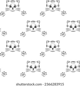 Seamless vector pattern with a cute kitten, linear contour on white  background, decorative wallpaper, textile print.