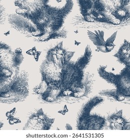 Seamless vector pattern with cute kittens playing. Vintage ink drawn style illustration.