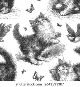 Seamless vector pattern with cute kittens playing. Vintage ink drawn style illustration.