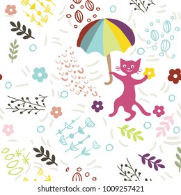 Seamless vector pattern with cute kitty, umbrella and flowers on white background. Print for fabric, wallpaper, greeting card.