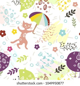 Seamless vector pattern with cute kitty, birds, umbrella and flowers on white background. Print for fabric, wallpaper, greeting card.