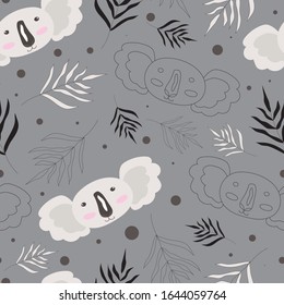 Seamless vector pattern with cute koala, branches and outlines. Hand drawn vector illustration isolated on grey background. Baby shower pattern for print, textile, fabric, decor.