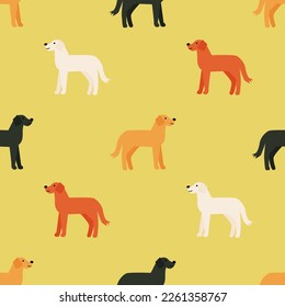 Seamless vector pattern with cute labrador dogs on yellow background. Modern design for fabric and paper, surface textures.