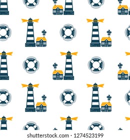 Seamless vector pattern with cute lighthouse and lifebuoy. Simple pattern for pattern fills, wallpaper, print for clothes, wrapping paper. Sea travel theme yellow and blue.