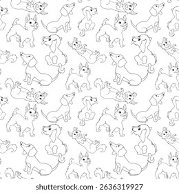 Seamless vector pattern: Cute line art dogs in various playful poses, depicted in a simple, minimalist style on a clean white background.
