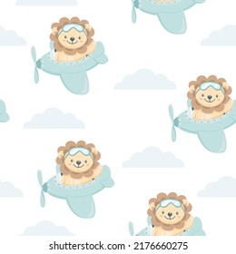 Seamless vector pattern. Cute lion flying through the sky on an airplane. Blue clouds. Delicate pattern for children's clothes 