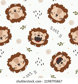 Seamless Vector Pattern with cute Lion. Hand drawn Doodle Cartoon Animals Background. design for background, wallpaper, wrapping, fabric, and all your creative project
