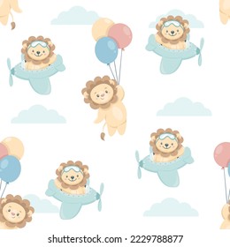 Seamless vector pattern. Cute lion cubs flying in the sky, lion on balloons, lion cub flying on airplane. Blue clouds.