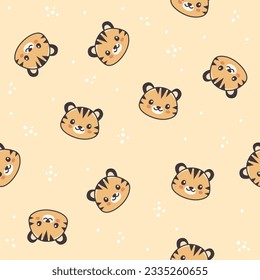 Seamless vector pattern. Cute lion faces in kawaii style on beige background. 