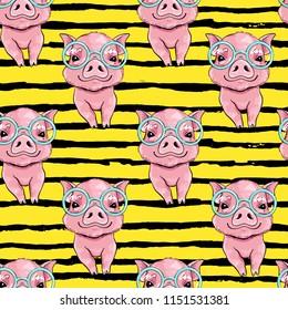 seamless vector pattern with cute little pig on a yellow background