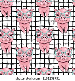 Seamless vector pattern with cute little piggy in fashionable glasses. 