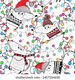 Seamless vector pattern with cute little rats and garlands. New Year's background. A cartoon characters. Animal symbol of new year 2020.