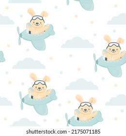 Seamless vector pattern. Cute little bunny flying in an airplane among the clouds. Pattern for children's clothes or wallpaper for children's 