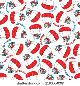 Seamless vector pattern with cute little fox skydiver, Design concept for kids textile print, nursery wallpaper, wrapping paper. Cute funny background.