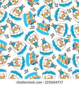 Seamless vector pattern with cute little bear skydiver, Design concept for kids textile print, nursery wallpaper, wrapping paper. Cute funny background. 