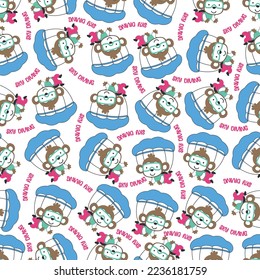 Seamless vector pattern with cute little monkey skydiver, Design concept for kids textile print, nursery wallpaper, wrapping paper. Cute funny background. 