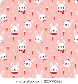 Seamless vector pattern with cute little bunnies in funny hats and scarfs, carrots and snowflakes on pink background. Cheerful print for kids textile, wrapping paper