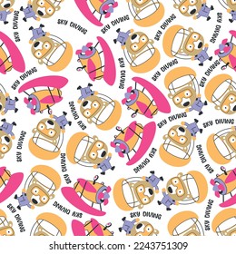 Seamless vector pattern with cute little bear skydiver, Design concept for kids textile print, nursery wallpaper, wrapping paper. Cute funny background. 