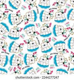Seamless vector pattern with cute little tiger skydiver, Design concept for kids textile print, nursery wallpaper, wrapping paper. Cute funny background. 