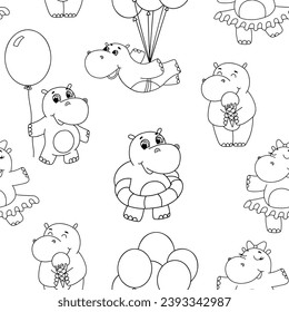 Seamless vector pattern with cute little line hippo. Outline illustrations. Funny cartoon baby hippopotamus with balloon and ice cream on white background