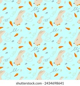 Seamless vector pattern with cute little rabbit and carrot. Print for children textile, pack, fabric, wallpaper, wrapping.
