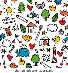 Seamless vector pattern with cute little doodle drawings isolated on white background