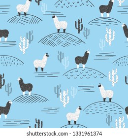 Seamless vector pattern with cute llama and cactus. Trendy print.
