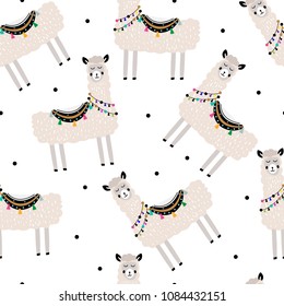 Seamless vector pattern with cute llamas on white background.
