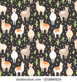 Seamless vector pattern with cute llamas and desert cacti on a dark background.