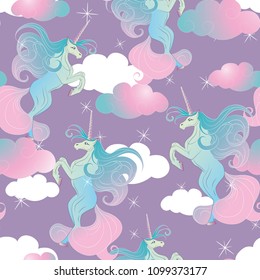 Seamless vector pattern with cute magic unicorns and clouds. Can be used for t-shirt print, fashion print design, kids wear, baby shower, greeting and postcard. Vector illustration, EPS 10.