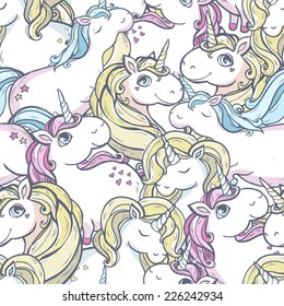 Seamless vector pattern with cute magic unicorns.