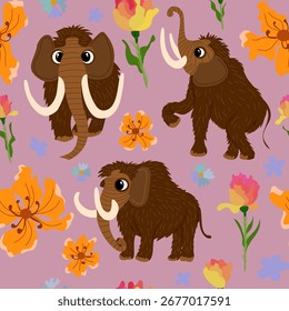 Seamless vector pattern with cute mammoth and flowers on pink background