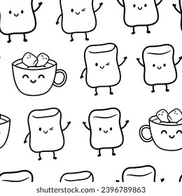 Seamless vector pattern with cute marshmallow. Marshmallows float in cup of cocoa, coffee or hot chocolate. Kawaii sweets with legs and hands in line style.