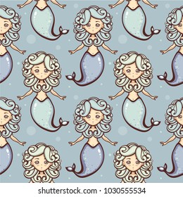 Seamless vector pattern with cute mermaids. Fantasy cartoon character.  Personage design. Template for kids textile.