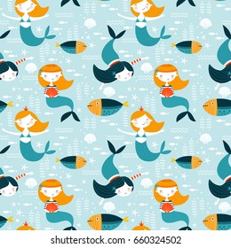 Seamless vector pattern with cute mermaids. For cards, t-shirt prints, birthday, party invitations, scrapbook, summer holidays. Vector illustration in orange, yellow and blue colors.