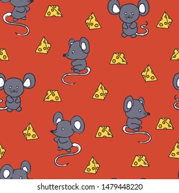 Seamless vector pattern with cute mice and cheese on red orange background. Animal wallpaper design for children. Ideal for kids fashion, textile, fabric etc. 