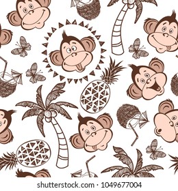 Seamless vector pattern with cute monkeys, palm trees, pineapple, coconut cocktails. Summer cartoon background.