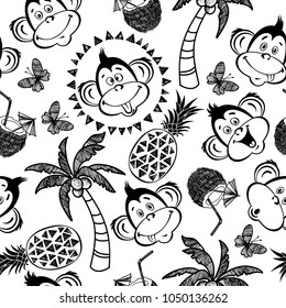 Seamless vector pattern with cute monkeys, palm trees, pineapple, coconut cocktails. Summer cartoon background.