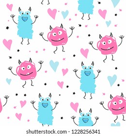 Seamless vector pattern with cute monster characters