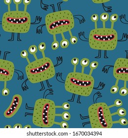 Seamless vector pattern with cute monsters for typography poster, card, label, brochure, flyer, page, banner design. Vector illustration background