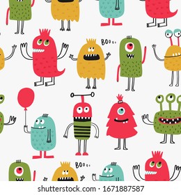 Seamless vector pattern with cute monsters for typography poster, card, label, brochure, flyer, page, banner design. Vector illustration background