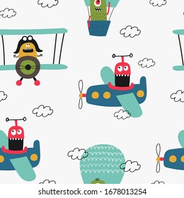 Seamless vector pattern with cute monsters on planes for typography poster, card, label, brochure, flyer, page, banner design. Vector illustration background