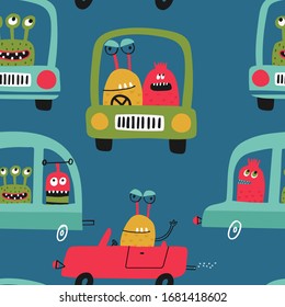 Seamless vector pattern with cute monsters on a cars and buses for typography poster, card, label, brochure, flyer, page, banner design. Vector illustration background