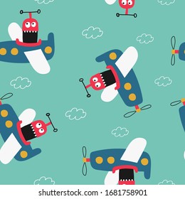 Seamless vector pattern with cute monsters on planes for typography poster, card, label, brochure, flyer, page, banner design. Vector illustration background