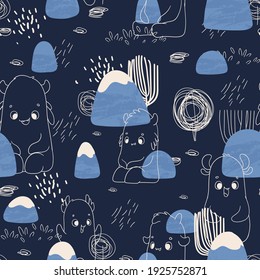 Seamless vector pattern of cute monsters, forest and mounts. Forest pattern. Hand drawn elements. 