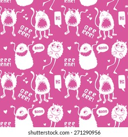 Seamless vector pattern with cute monsters, speech bubbles, hearts and inscriptions.