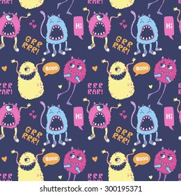 Seamless vector pattern with cute monsters, speech bubbles, hearts and inscriptions.